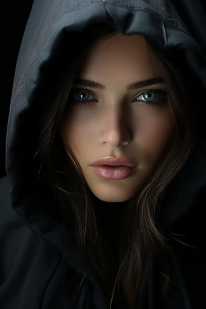 a woman in a black hoodie with blue eyesの素材