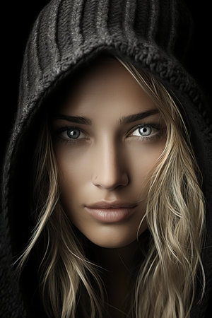 a woman in a hoodie with blue eyesの素材