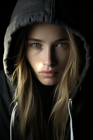 a woman in a black hoodie looking into the cameraの素材