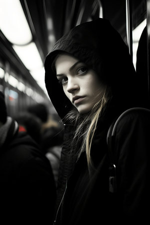 a woman in a black hoodie on a subway trainの素材