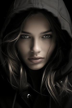 a woman in a black hoodie looking into the cameraの素材