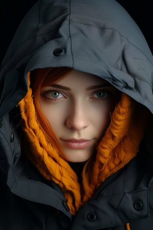 a woman in a hooded jacket with orange hairの素材