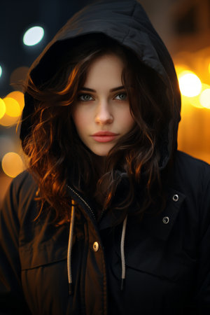 a woman in a black jacket and hoodie looking at the cameraの素材