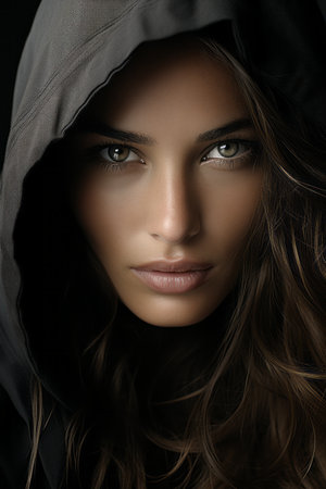 a woman in a black hoodie with long hairの素材