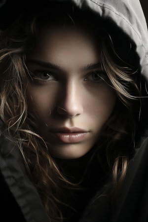 a woman in a black hoodieの素材