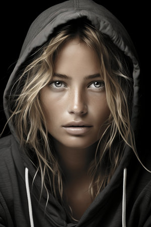 a woman in a hoodie with blue eyesの素材