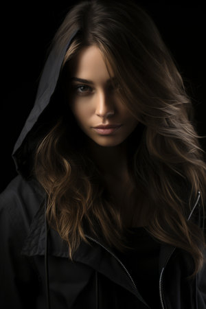 a woman in a black hoodie with long hairの素材