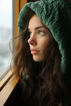 a woman in a green hoodie looking out a windowの素材