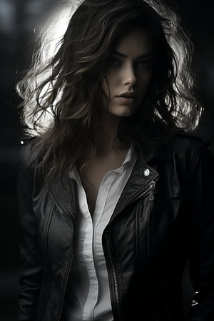 a woman in a black leather jacket and white shirtの素材