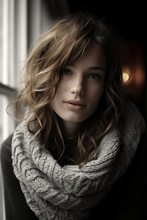 a woman in a scarf and sweater posing for the cameraの素材