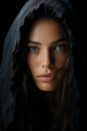 a woman in a hooded robe looking at the cameraの素材