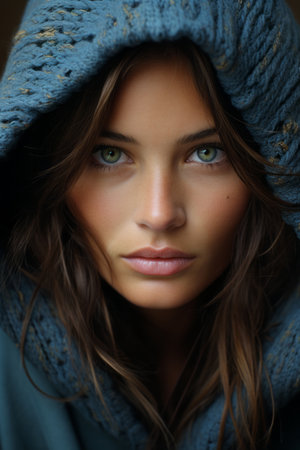 a woman in a blue hoodie with green eyesの素材