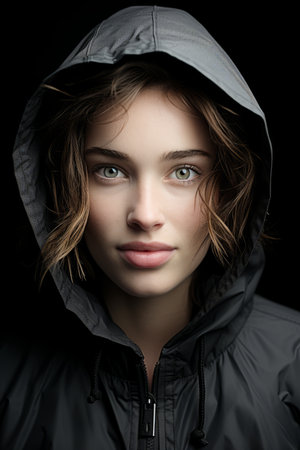 a woman in a black hoodie with blue eyesの素材