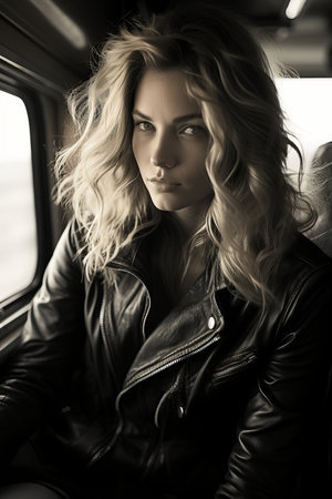 a woman in a leather jacket sitting in a carの素材