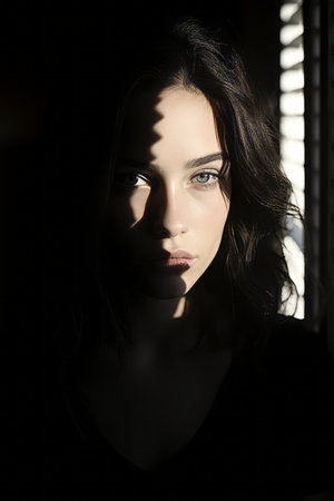 a woman in the dark with shadows on her faceの素材