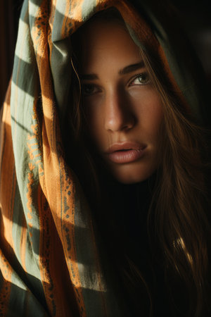 a woman is wrapped in a blanketの素材