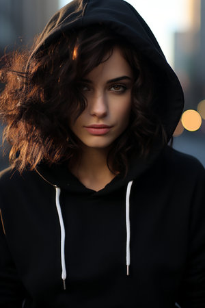 a woman wearing a black hoodieの素材