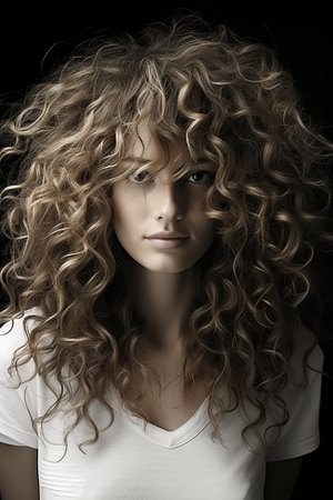 a woman with curly hair posing for the cameraの素材