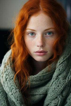 a woman with freckles is wearing a green scarfの素材