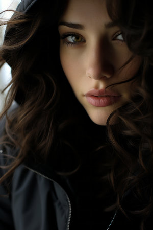 a woman with dark hair and a black jacketの素材