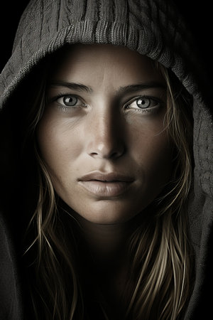a woman with a hoodie on her headの素材
