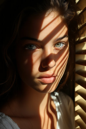 a woman with blue eyes looking out the windowの素材