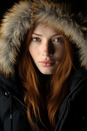 a woman with long red hair is wearing a coatの素材