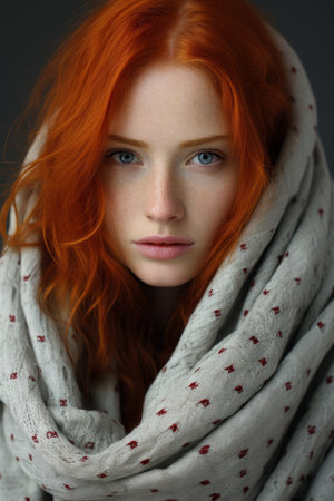 a woman with red hair wrapped in a blanketの素材