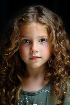 a young girl with curly hair and green eyesの素材