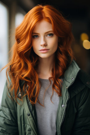 beautiful red haired woman with green jacket looking at the cameraの素材