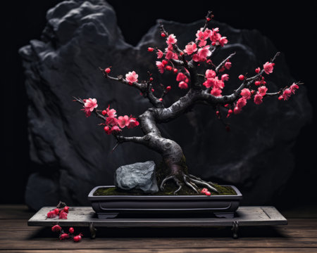 a bonsai tree in front of a rock wallの素材