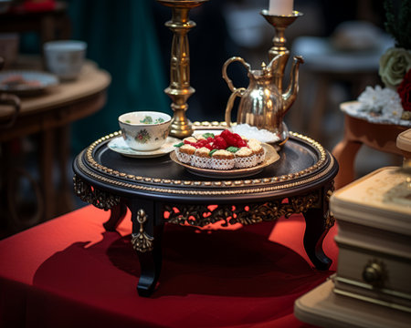 a table topped with a cake and a cup of teaの素材