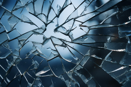 a broken glass window with a blue sky in the backgroundの素材