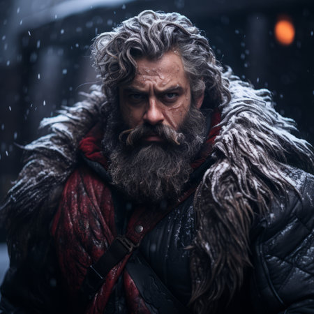 a bearded man with long hair and beard in the snowの素材