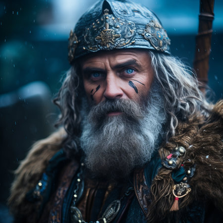 a bearded man with a long beard wearing a helmet and holding a stickの素材