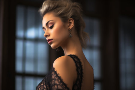 a beautiful blonde woman in a black lace dressの素材