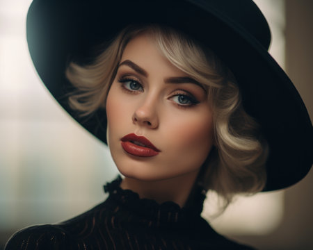 a beautiful blonde woman in a black hatの素材