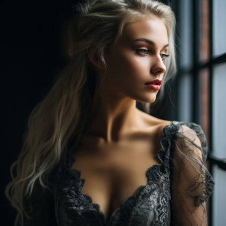 a beautiful blonde woman in an elegant dress looking out the windowの素材