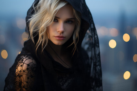 a beautiful blonde woman in a black dress with a hood over her headの素材