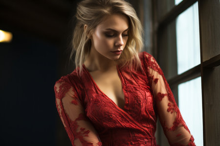 a beautiful blonde woman in a red dress leaning against a windowの素材