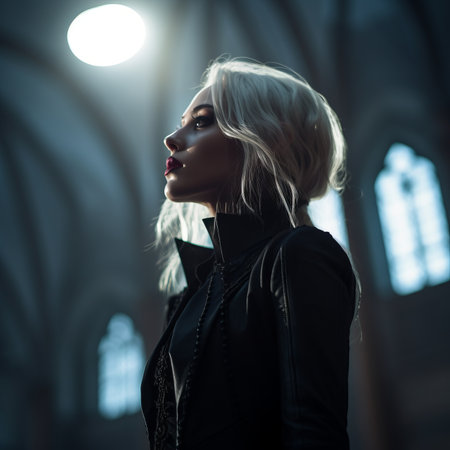 a beautiful blonde woman standing in a dark churchの素材