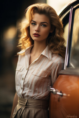 a beautiful blonde woman standing next to an old carの素材