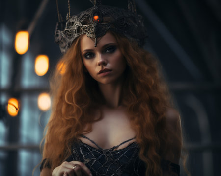 a beautiful red haired woman with a crown on her headの素材