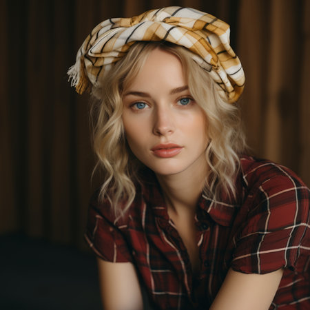 a beautiful blonde woman in a plaid shirt and hatの素材