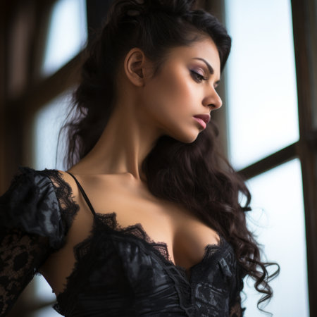 a beautiful woman in a black dress looking off to the sideの素材