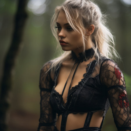 a beautiful blonde woman in a gothic outfit in the woodsの素材