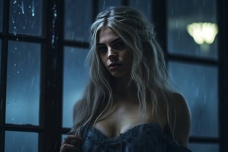 a beautiful blonde woman standing in front of a window in the rainの素材