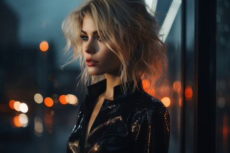 a beautiful blonde woman in a shiny black dress standing in front of a window at nightの素材