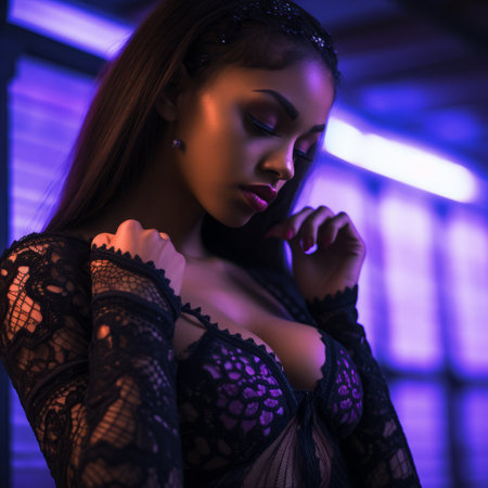 a beautiful woman in a black lace topの素材