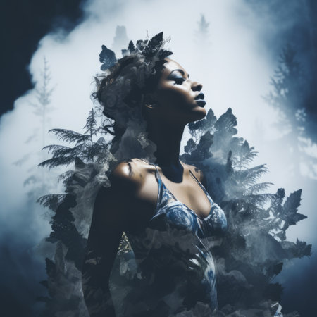 a beautiful woman in a forest with smoke coming out of her hairの素材